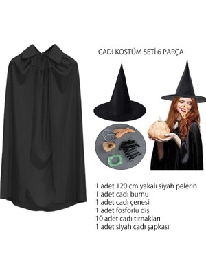My Best Store Cadı Kostüm Seti 6 Parça - Şapka Pelerin Diş Tırnaklar Çene ve Burun