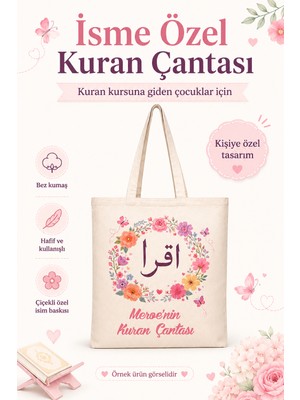 Morinna Kişiye Özel Isimli Kuran Çantası Bez Kumaş Çiçek Desenli Hafif Kullanışlı Kuran Kursu Çantası Mr-01