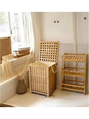 Nevamel® Büyük Boy Ahşap Bambu Kirli Sepeti 45X45X62