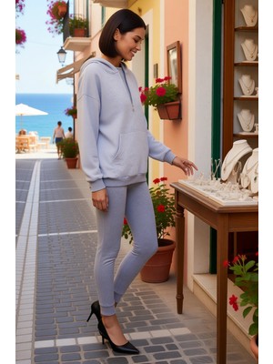 Benerly Kadın Büyük Beden Oversize Kapüşonlu Taytlı Örme Takım %94 Pamuk Uzun Kollu Rahat Kesim Günlük Şık
