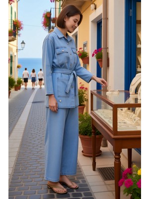 Benerly Kadın Büyük Beden Gömlek Yaka Uzun Kollu Denim Ceket Pantolon Takımı %100 Pamuk Günlük Rahat Modern