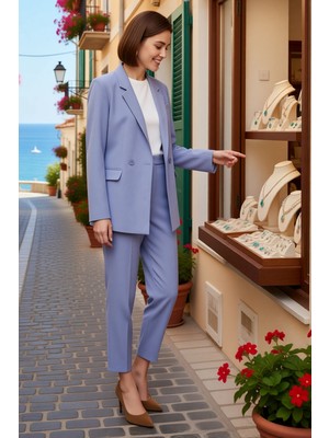 Kadın Büyük Beden Ceket Yaka Uzun Kollu Dokuma Blazer Pantolon Takımı Yüksek Bel Günlük Rahat Modern