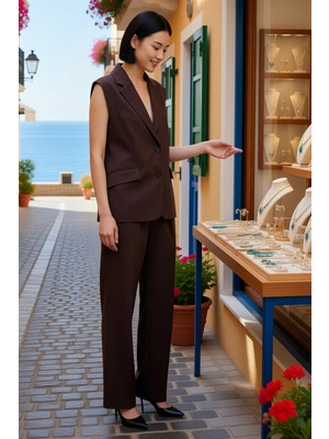 Benerly Kadın Büyük Beden Oversize Kolsuz Ceket Yaka Yelek Pantolon Takımı %100 Polyester Günlük Rahat Şık
