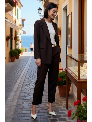 Benerly Kadın Ceket Pantolon Takımı Dokuma Kumaş Standart Kol Düz Desen Uzun Boy Ofis Stili Günlük Rahat