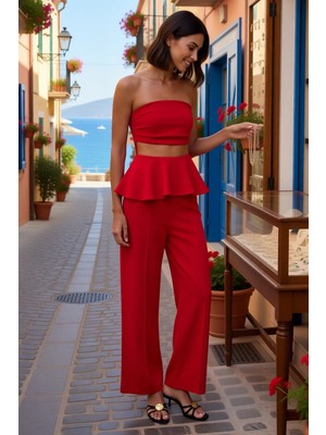 Benerly Kadın Straplez Peplum Detaylı Geniş Paça Uzun Örme Takım Soft Touch Kumaş Rahat Kesim Günlük Modern
