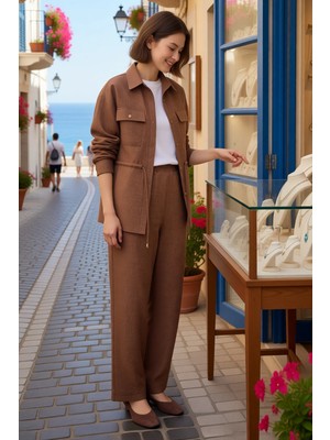 Benerly Kadın Büyük Beden Gömlek Pantolon Takımı %100 Polyester Keten Dokulu Uzun Kollu Rahat Kesim Günlük