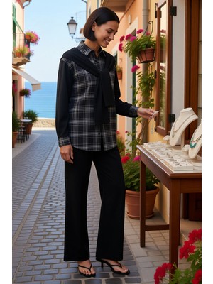 Benerly Kadın Büyük Beden Ekose Gömlek Yaka Şal Detaylı Denim Rahat Kalıp Takım Xl Günlük Modern Şık Zarif