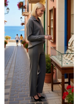 Benerly Kadın Büyük Beden Polo Yaka Oversize Yumuşak Triko Kazak Pantolon Takımı Rahat Kesim Günlük Modern