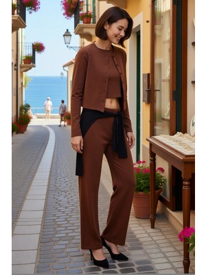 Kadın Büyük Beden Düğmeli Crop Cardigan Geniş Paça Pantolon Selanik Örme Takım Xl Günlük Rahat Şık