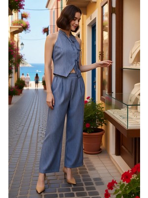 Benerly Kadın Büyük Beden Halter Yaka Kolsuz Çizgili Dokuma Yelek Pantolon Takımı Fitted Kesim Günlük Rahat