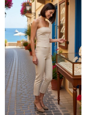 Benerly Kadın Büyük Beden Straplez Crop Bluz Kapri Pantolon Takımı %100 Pamuk Dokuma Fitted Kesim Günlük