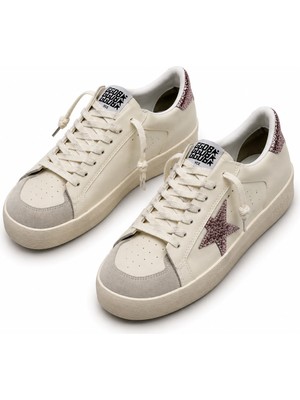 Globalux Golden Goose Women's - Stardan In Nappa And Suede - Pink Glitter Star And Heel Tab - Pembe Simli Yıldız - Kadın Sneaker