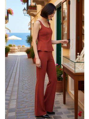Benerly Kadın Büyük Beden Kolsuz Peplum Bluz Ispanyol Paça Pantolon Takımı Havuz Yaka Viskoz Karışım Günlük