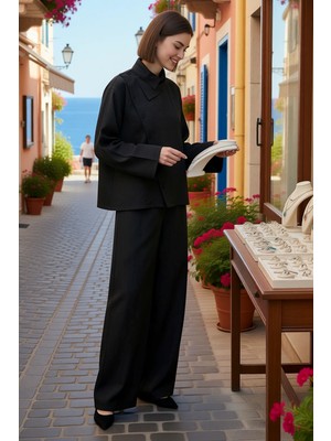 Benerly Kadın Büyük Beden Oversize Gömlek Pantolon Takımı %100 Polyester Keten Dokulu Uzun Kollu Rahat Kesim