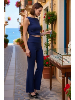 Benerly Kadın Büyük Beden Kolsuz Kayık Yaka Ribana Örme Crop Top Uzun Paça Takım Vücuda Oturan Günlük Rahat