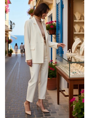 Kadın Büyük Beden Ceket Yaka Uzun Kollu Dokuma Blazer Pantolon Takımı Yüksek Bel Günlük Rahat Modern