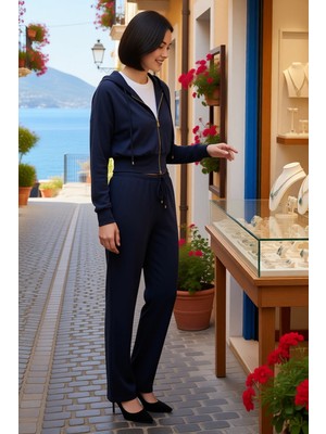 Benerly Kadın Büyük Beden Kapüşonlu Fermuarlı Düşük Kol Dar Paça Modal Polyester Örme Takım Günlük Rahat