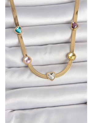 Renas Store 316L Çelik Gold Renk Italyan Zincir Renkli Zirkon Taşlı Kalp Figür Kadın Kolye