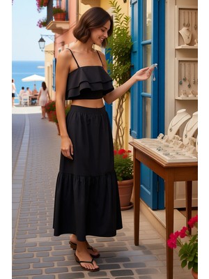 Benerly Kadın Büyük Beden Straplez Fırfırlı Bluz Kloş Etek Midi Dokuma Takım Kolsuz Rahat Günlük Modern