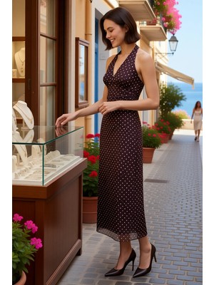 Benerly Kadın Büyük Beden Puantiyeli Boyundan Bağlamalı Kolsuz Tül Örme Crop Top Etek Takım Günlük Rahat