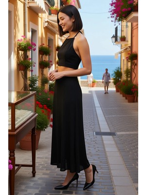 Benerly Kadın Halter Yaka Kolsuz Crop Top Uzun Etek Takımı %100 Viskoz Dokuma Plaj Giyimi Günlük Rahat Şık