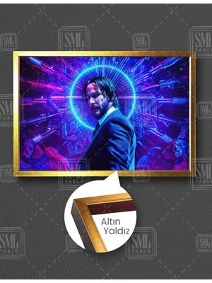 SML Tablo John Wick Neon Yuvarlak Işıklar Keanu Reeves Yatay Çerçeveli Kanvas Tablo