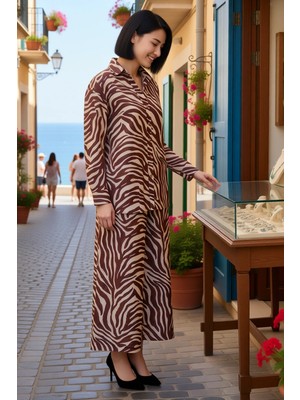 Benerly Kadın Büyük Beden Zebra Desenli %100 Pamuk Plaj Gömlek Pantolon Takımı Oversize Kesim Uzun Boy Rahat
