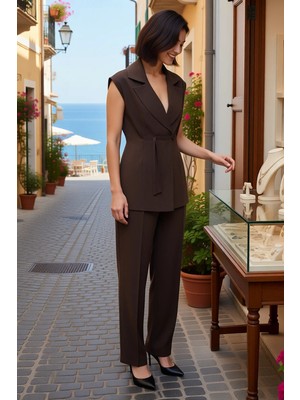 Benerly Kadın Oversize Ceket Yaka Kolsuz Dokuma Yelek Bol Paça Pantolon Takımı Liyosel Karışım Günlük Rahat