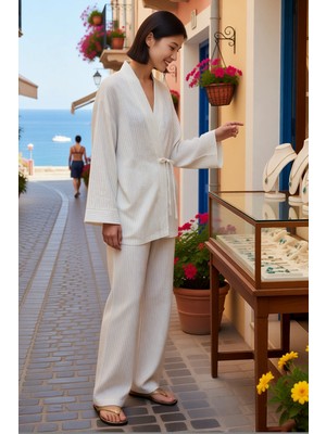 Benerly Kadın Büyük Beden Oversize Çizgili Dokuma Müslin Plaj Kimono Pantolon Takımı %100 Pamuk Günlük Rahat