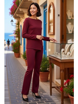 Benerly Kadın Büyük Beden Asimetrik Kesim Kayık Yaka Uzun Kol Ispanyol Paça Çıtçıtlı Ribana Örme Takım Rahat