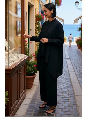 Benerly Kadın Büyük Beden Hakim Yaka Panço Gömlek Ikili Takım Modal Polyester Uzun Kol Günlük Rahat Modern