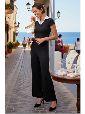 Benerly Kadın Büyük Beden Kolsuz Polo Yaka Crop Top Geniş Paça Pantolon Örme Takım Lastikli Günlük Rahat