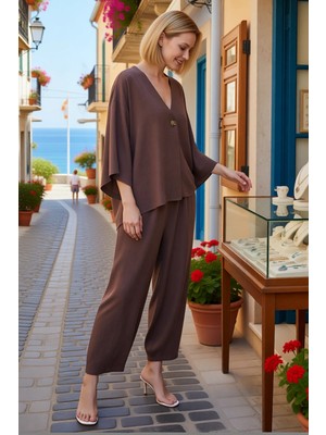 Benerly Kadın Büyük Beden V Yaka Kimono Kollu Oversize Dokuma Bluz Pantolon Takımı Rahat Günlük Modern Şık