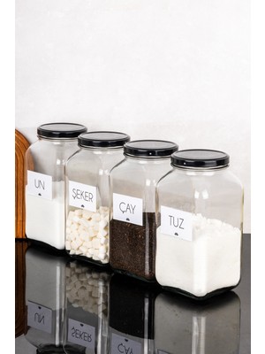 Dolkin Home 4'lü 3 Litre Kavanoz Seti Çay Şeker Un Tuz Etiketli 3000 ml Metal Kapaklı Cam Kavanoz Saklama Seti