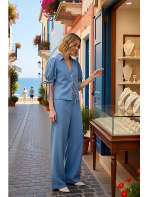 Benerly Kadın Büyük Beden Denim Takım Balon Kollu Gömlek Yaka Yüksek Bel Bol Paça Tencel Rahat Günlük Modern