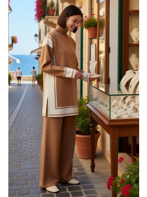 Benerly Kadın Büyük Beden Oversize Triko Tunik Pantolon Takımı Renk Bloklu Çizgili Dik Yaka Uzun Kol Günlük