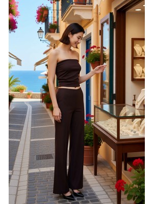 Benerly Kadın Büyük Beden Kayık Yaka Kolsuz Crop Bluz Geniş Kalıp Pantolon Takımı Rahat Kesim Günlük Modern