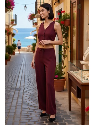 Benerly Kadın Büyük Beden V Yaka Kolsuz Düğmeli Crop Yelek Geniş Paça Pantolon Takımı Örme Günlük Rahat