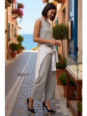 Benerly Kadın Viskon Ribana Kumaş Wide Leg Kısa Kollu Asimetrik Yaka Yumuşak Örme Takım L Beden Günlük Rahat