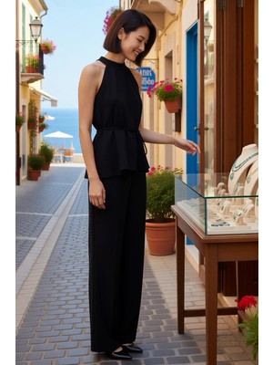 Benerly Kadın Büyük Beden Kolsuz Oversize Bluz Pantolonlu Ikili Takım Beli Kuşaklı Geniş Paça Günlük Rahat