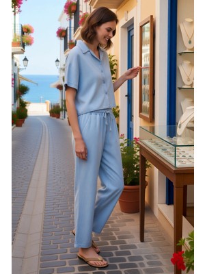 Benerly Kadın Büyük Beden Kısa Kollu Gömlek Yaka Denim Takım %100 Liyosel Rahat Kesim Günlük Modern Şık