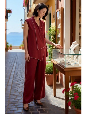 Benerly Kadın Büyük Beden Kolsuz Kruvaze Yaka Oversize Bluz Pantolon Takımı %100 Pamuk Uzun Boy Günlük Rahat