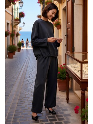 Benerly Kadın Oversize Silky Interlok Örme Takım Uzun Kollu Rahat Kesim Modal Polyester Düz Desen Konforlu
