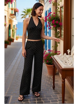 Benerly Kadın Kolsuz V Yaka Puantiyeli Crop Top Geniş Paça Takım Rahat Kesim Bubble Dokuma Günlük Modern