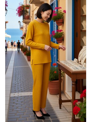 Benerly Kadın Büyük Beden Ribana Örme Uzun Kollu Rahat Kesim Wide Leg Pantolon Takım Konforlu Günlük Modern