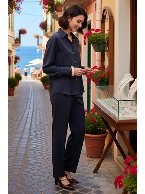 Benerly Kadın Oversize Tencel Keten Karışım Gömlek Pantolon Takımı Düğmeli Yaka Geniş Paça Rahat Günlük