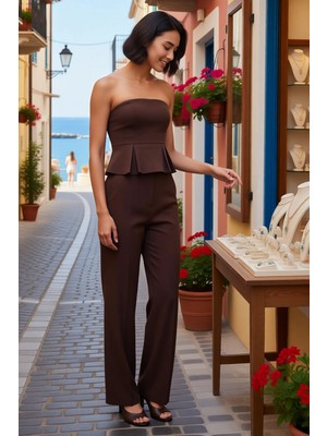 Benerly Kadın Büyük Beden Straplez Peplum Bluz Düz Paça Pantolon Takımı Poplin Dokuma Günlük Rahat Modern