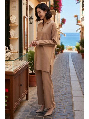 Benerly Kadın Büyük Beden Polo Yaka Uzun Kollu Pike Triko Tunik Pantolon Takımı Rahat Kesim Günlük Modern