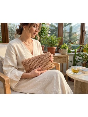 Meya Design Kadın Kağıt Ip El Örgüsü Fermuarlı Astarlı El Çantası Clutch