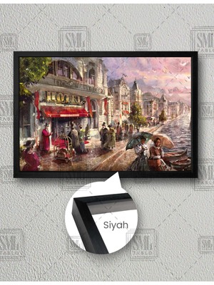 SML Tablo 1800LER Nehir Kenarındaki Hotel Önünden Geçen Insanlar Manzara Yatay Çerçeveli Kanvas Tablo